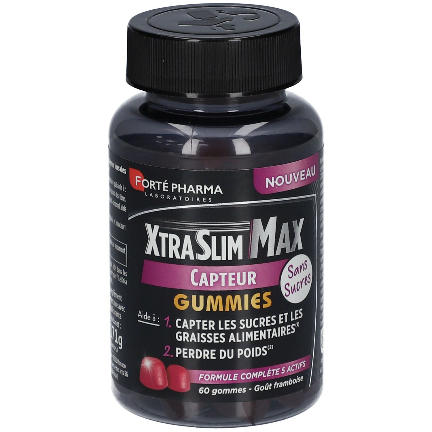 Dose Forté Pharma XtraSlim Max Gummies. Schwarzer Deckel, transparente Dose mit Gummibärchen. Aufschrift: 'Sans Sucres'.