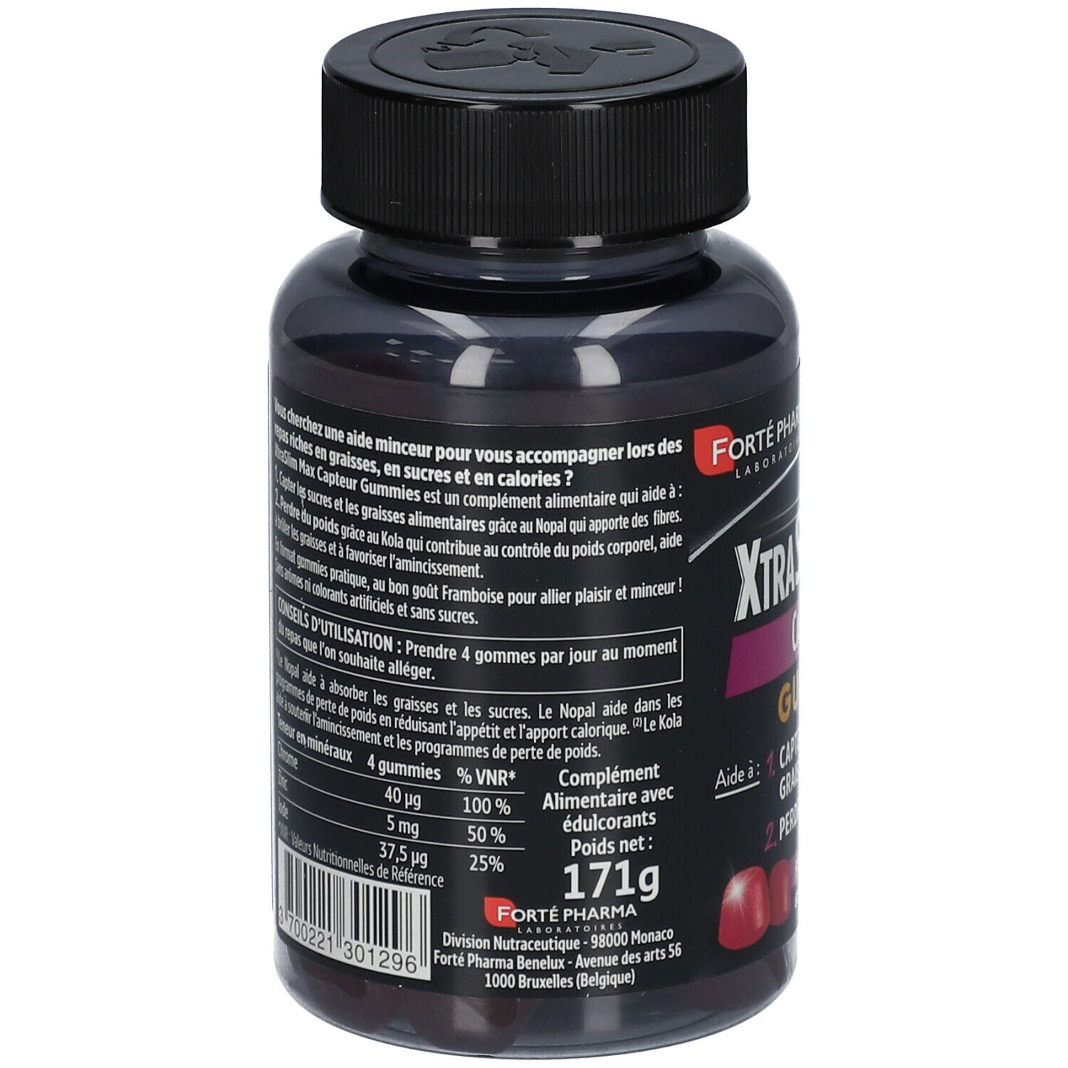 Rückseite der Dose Forté Pharma XtraSlim Max Gummies. Schwarzer Deckel, transparente Dose. Text und Nährwertangaben.