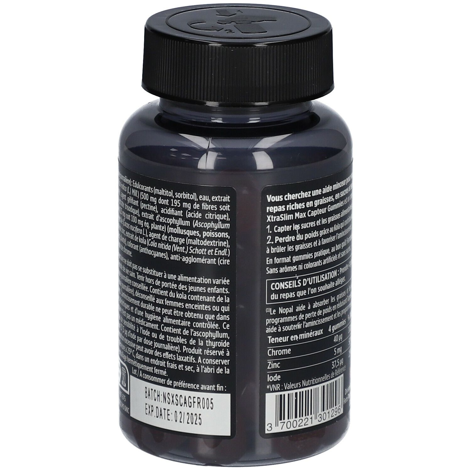 Rückseite der Dose Forté Pharma XtraSlim Max Gummies. Schwarzer Deckel, transparente Dose. Zutatenliste und Verfallsdatum.