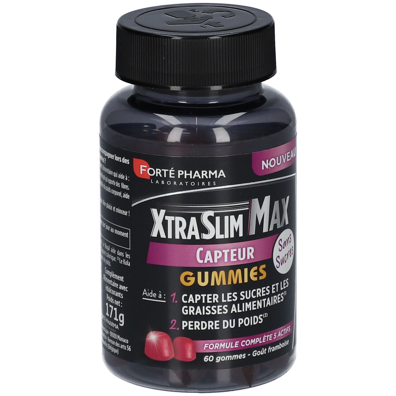 Dose Forté Pharma XtraSlim Max Gummies. Schwarzer Deckel, transparente Dose mit Gummibärchen. Aufschrift: 'Sans Sucres'.