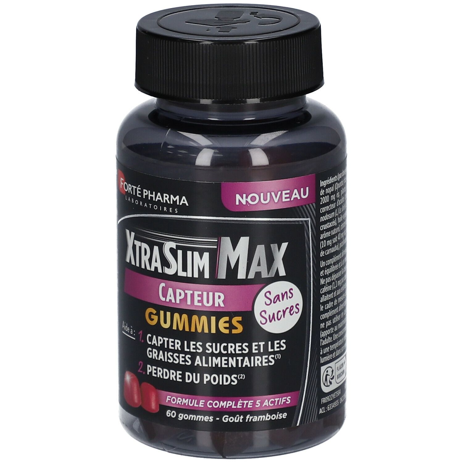 Dose Forté Pharma XtraSlim Max Gummies. Schwarzer Deckel, transparente Dose mit Gummibärchen. Aufschrift: 'Sans Sucres'.