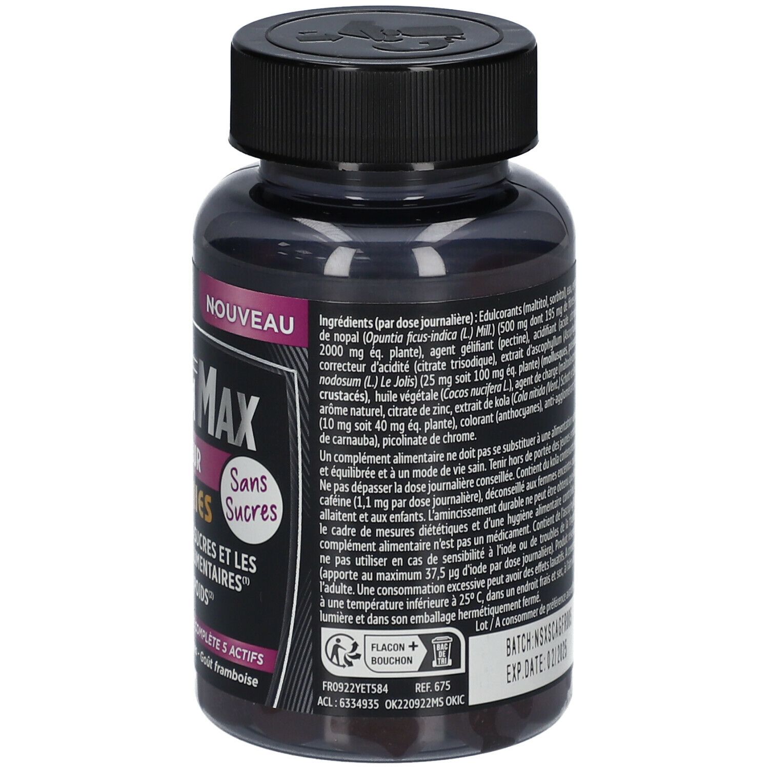 Rückseite der Dose Forté Pharma XtraSlim Max Gummies. Schwarzer Deckel, transparente Dose. Zutatenliste und Verfallsdatum.