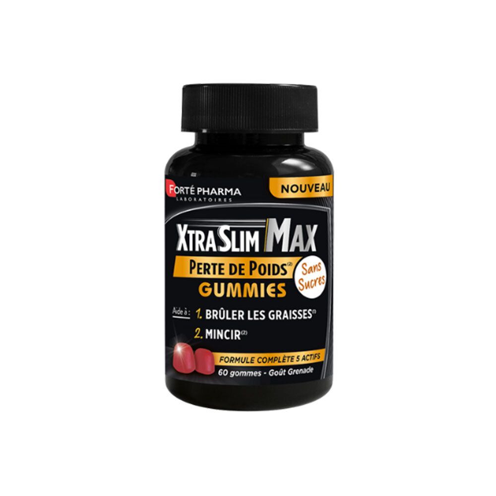 Flacon noir Forté Pharma XtraSlim Max Gummies. Inscription: Perte de Poids, Sans Sucres. Contient 60 gummies, goût grenade.