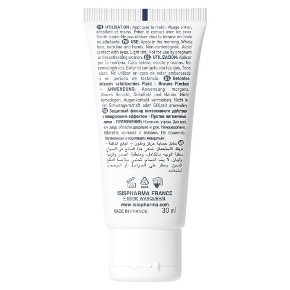 Rückseite der weißen Tube. Mehrsprachiger Text. ISISPHARMA-Logo und Adresse. Hergestellt in Frankreich. 30 ml.
