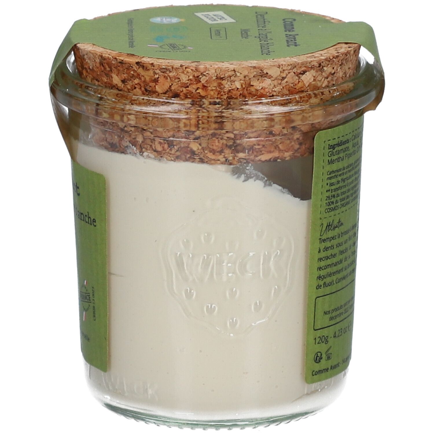 Pot en verre avec pâte blanche, couvercle en liège et étiquette verte. Texte: Comme Avant, dentifrice à l'argile blanche, menthe. Logo Weck.