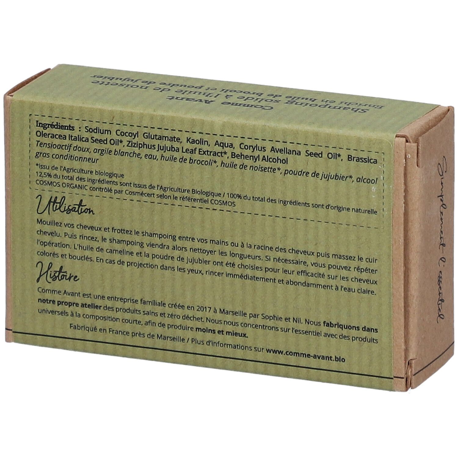 Dos de la boîte en carton. Texte avec ingrédients, utilisation et informations fabricant. Certification Bio.