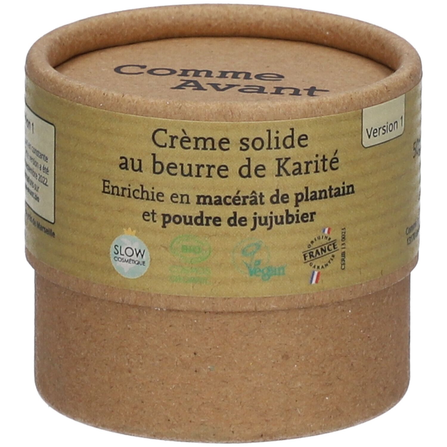 Zylindrische Pappdose. Aufschrift: Comme Avant, Crème solide au beurre de Karité. Mit Bio- und Vegan-Siegeln.
