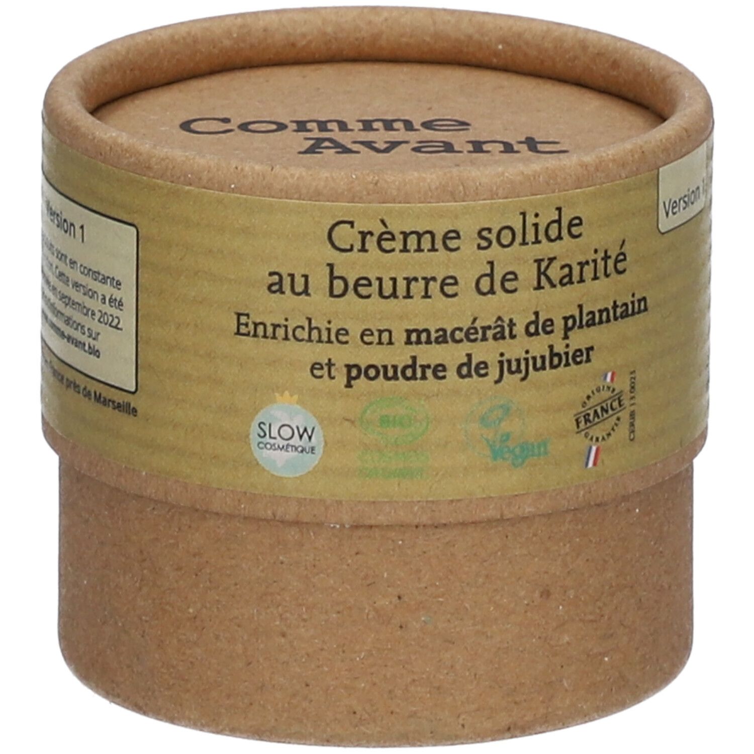 Zylindrische Pappdose. Aufschrift: Comme Avant, Crème solide au beurre de Karité. Mit Bio- und Vegan-Siegeln.