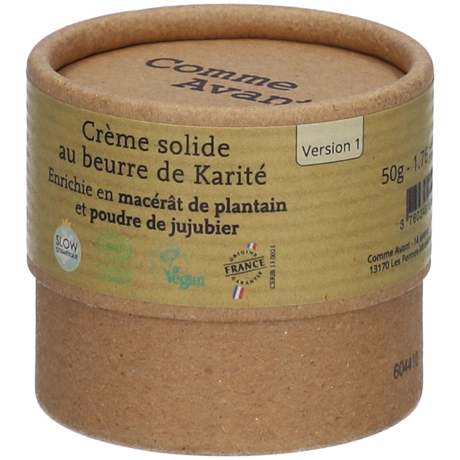 Pappdose mit Produktinformationen. Aufschrift: Crème solide au beurre de Karité. 50g - 1.76 oz. Mit Bio- und Vegan-Siegeln.