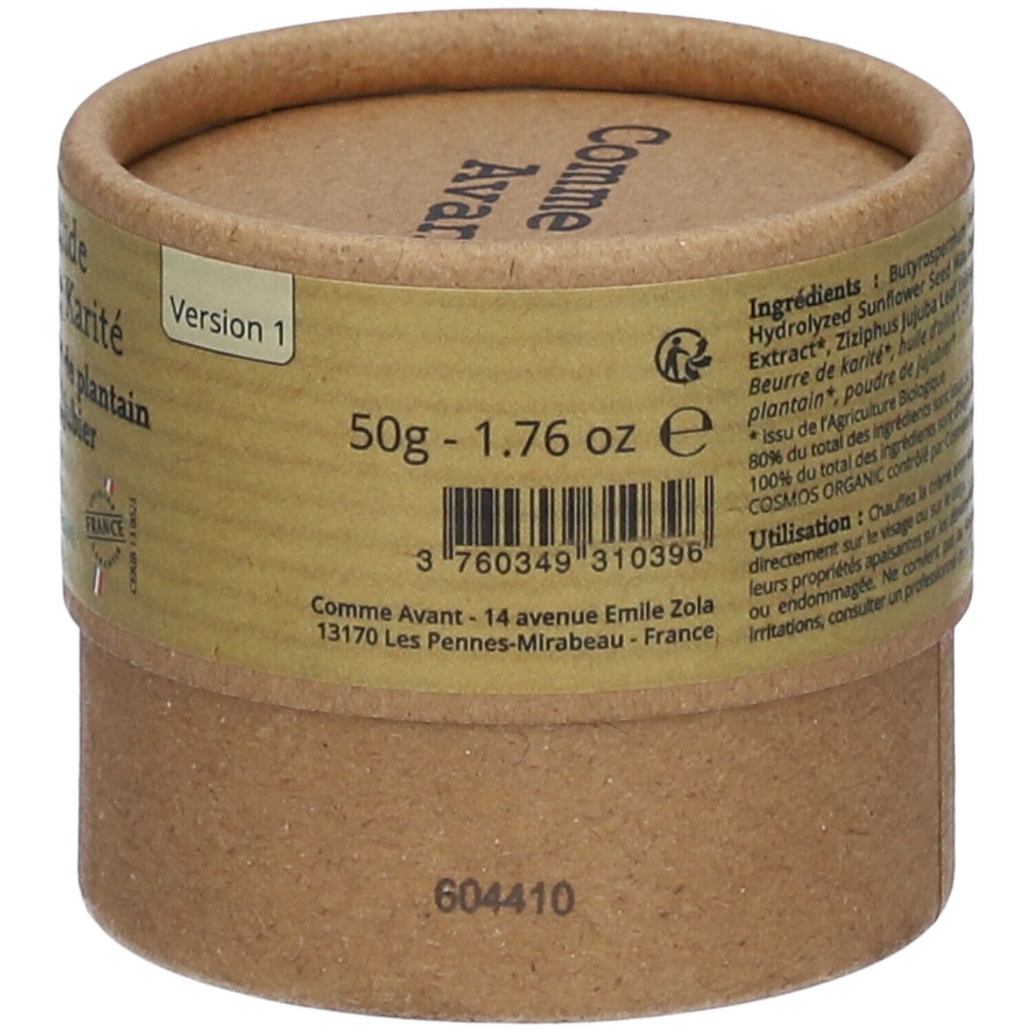 Rückseite der Pappdose. Text: 50g - 1.76 oz. Adresse: Comme Avant, 14 avenue Emile Zola, 13170 Les Pennes-Mirabeau, France.