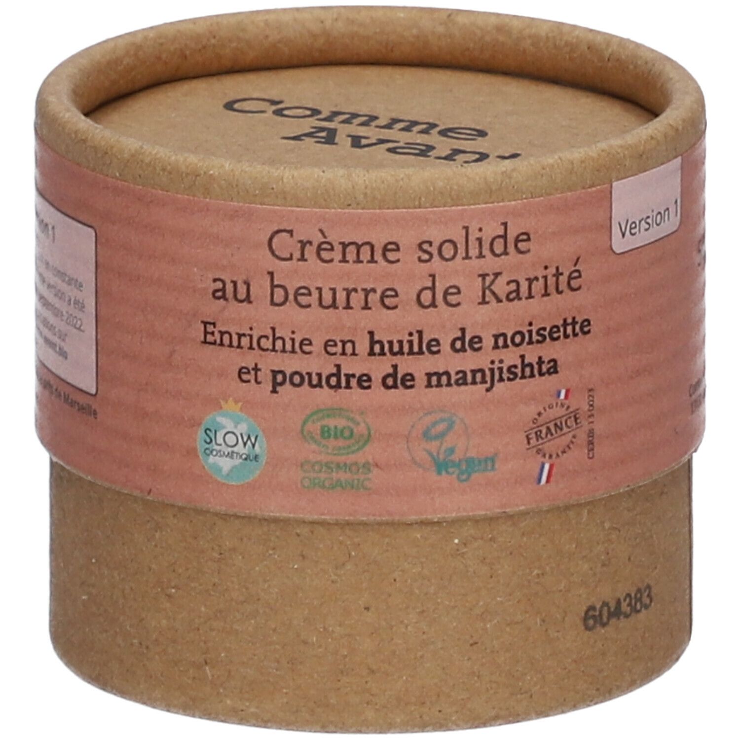 Emballage cylindrique. Inscription : Crème solide au beurre de Karité. Labels Bio, Vegan et Slow Cosmétique.