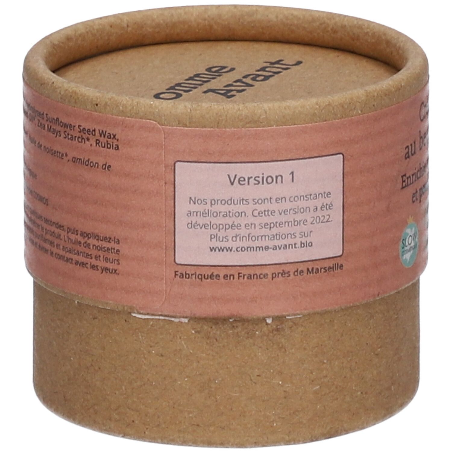 Emballage cylindrique. Texte : Version 1. Informations sur l'amélioration du produit. Fabriqué en France.