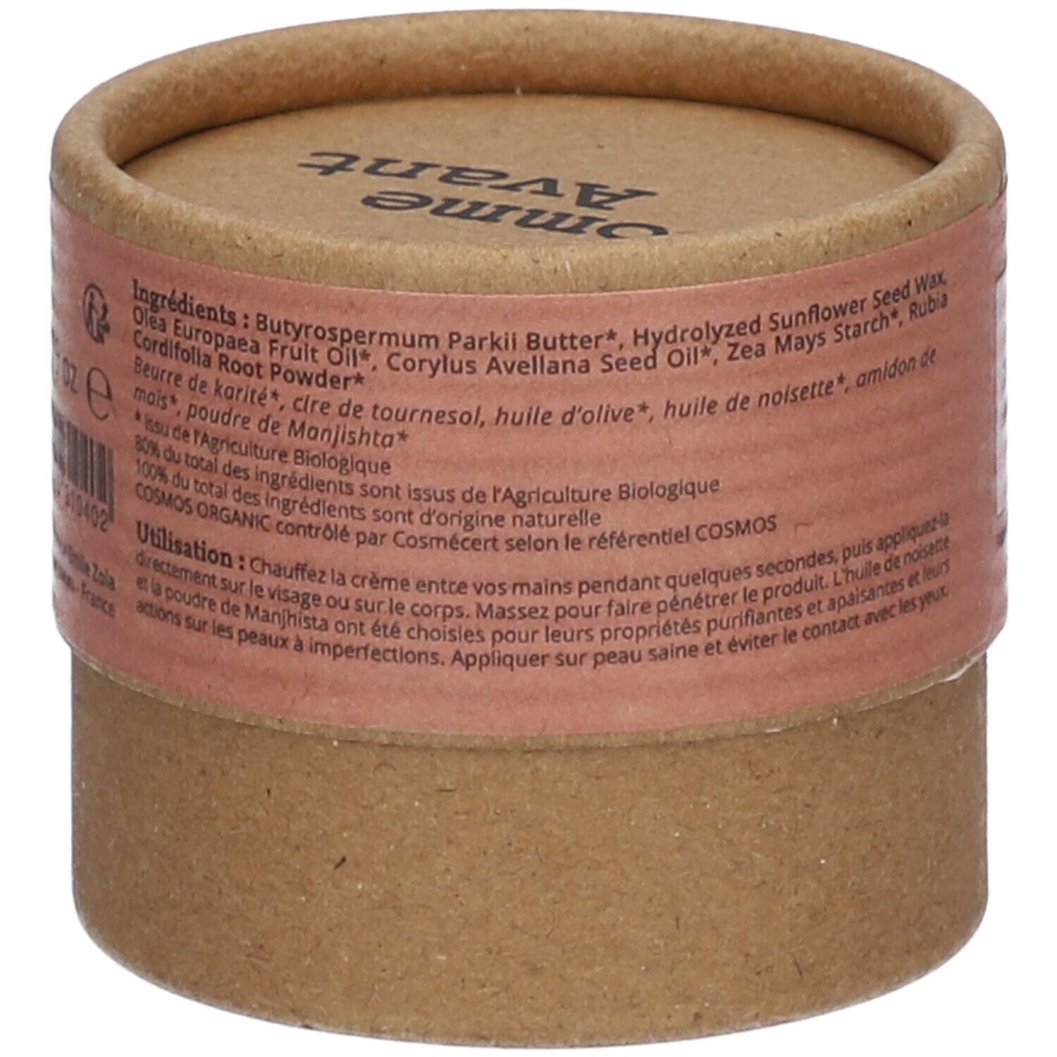 Emballage cylindrique. Liste des ingrédients : Beurre de karité, huile, amidon de maïs, poudre de manjishta.
