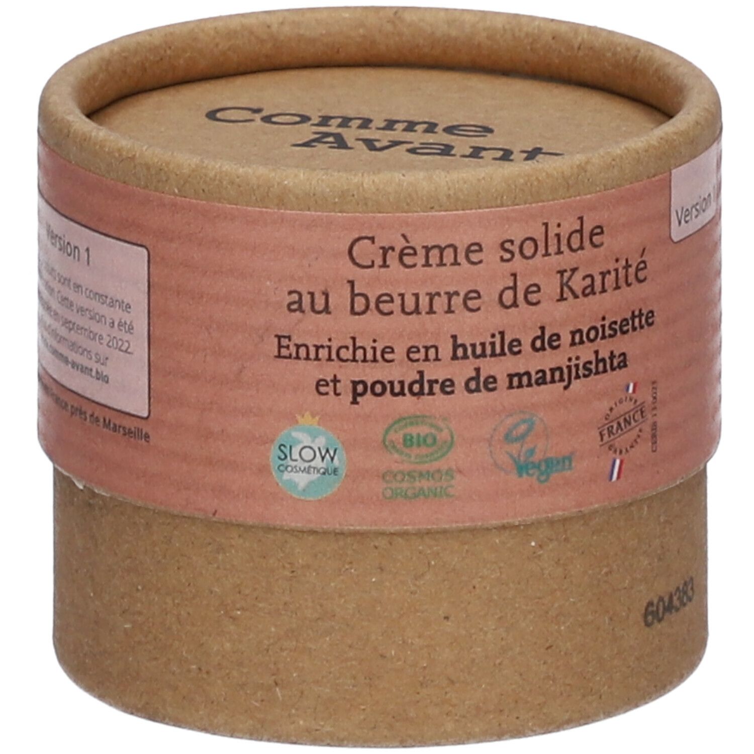 Emballage cylindrique. Inscription : Crème solide au beurre de Karité. Labels Bio, Vegan et Slow Cosmétique.