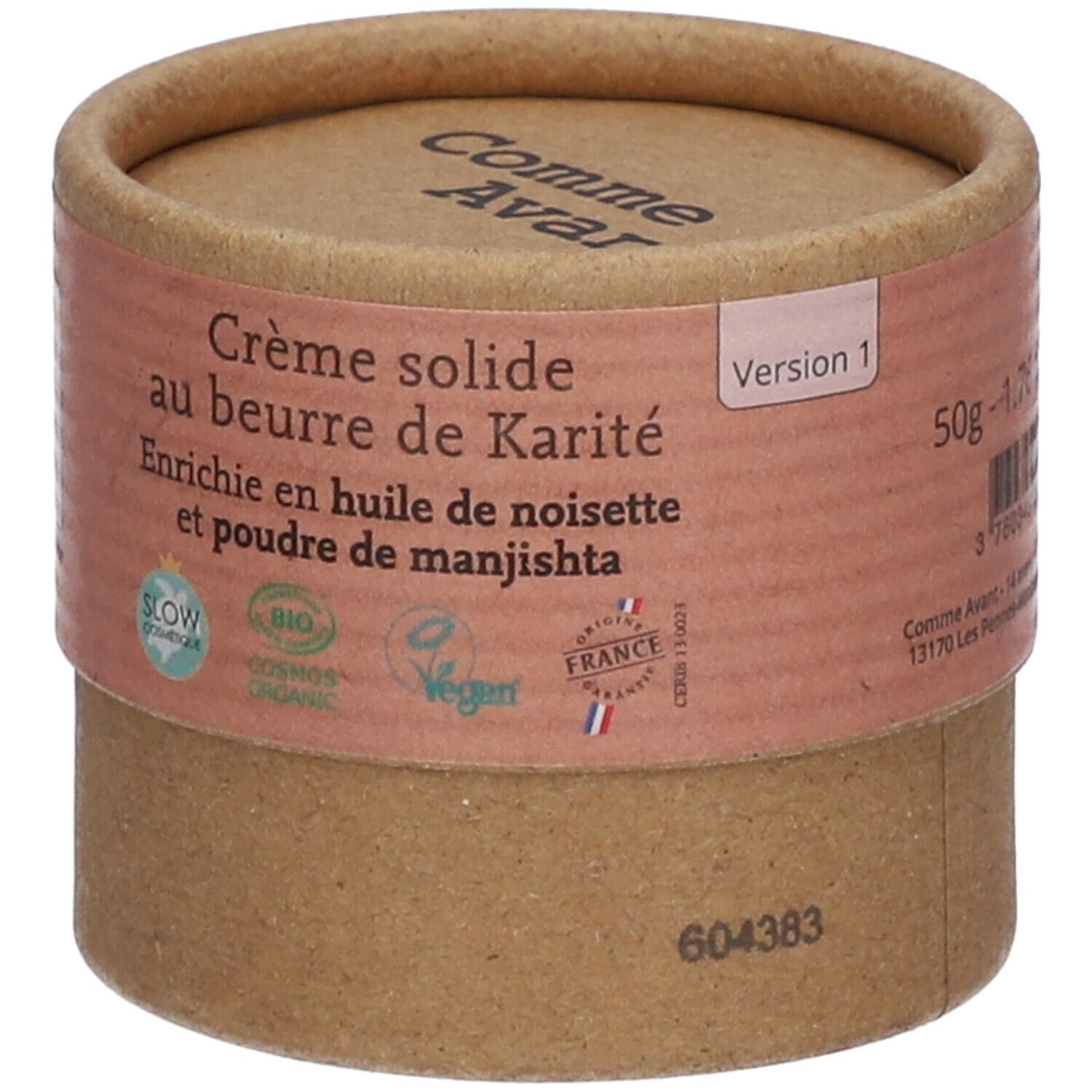 Emballage cylindrique. Inscription : Crème solide au beurre de Karité. 50g. Labels Bio, Vegan et Slow Cosmétique.