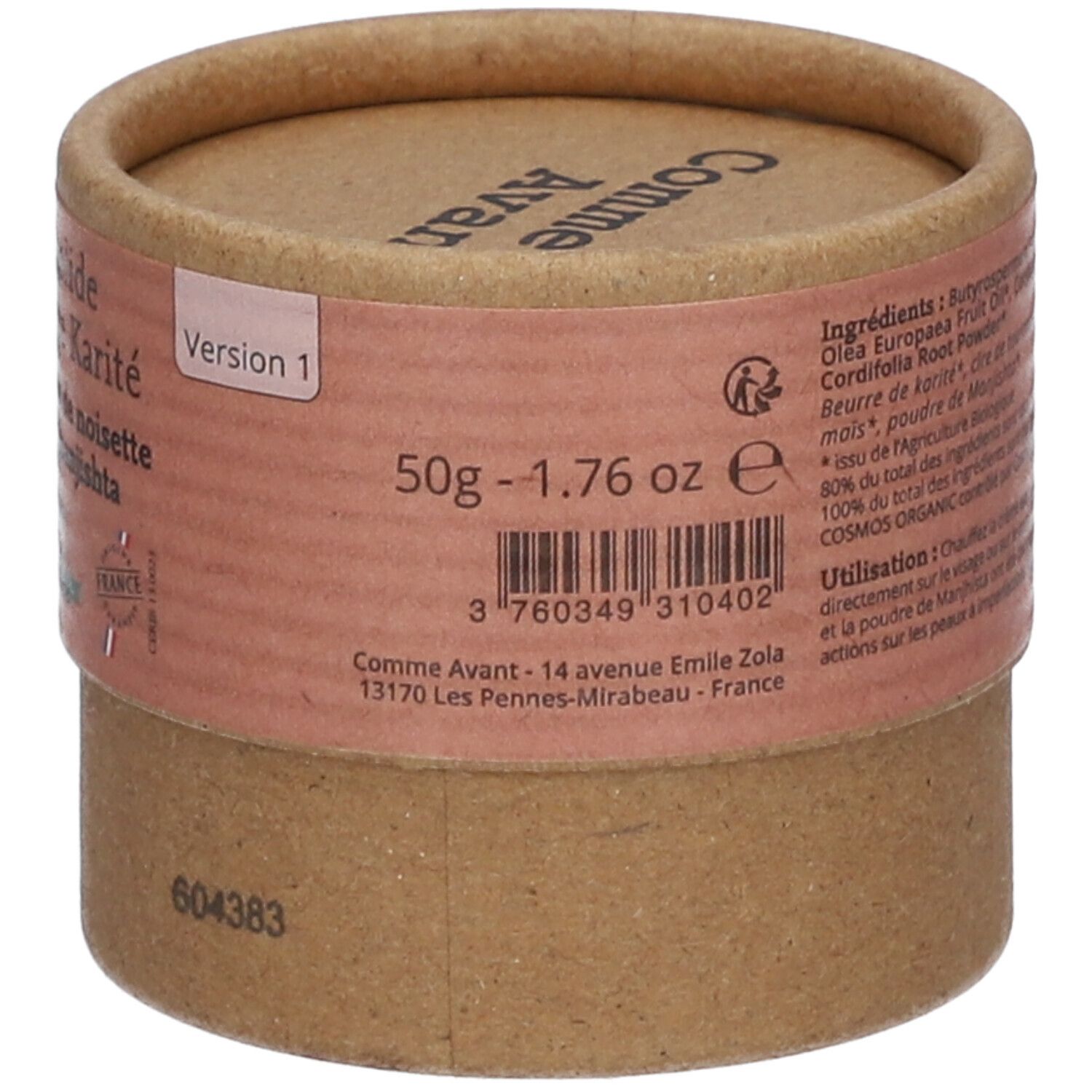 Emballage cylindrique. Inscription : Crème solide au beurre de Karité. 50g - 1.76 oz. Adresse et code-barres.
