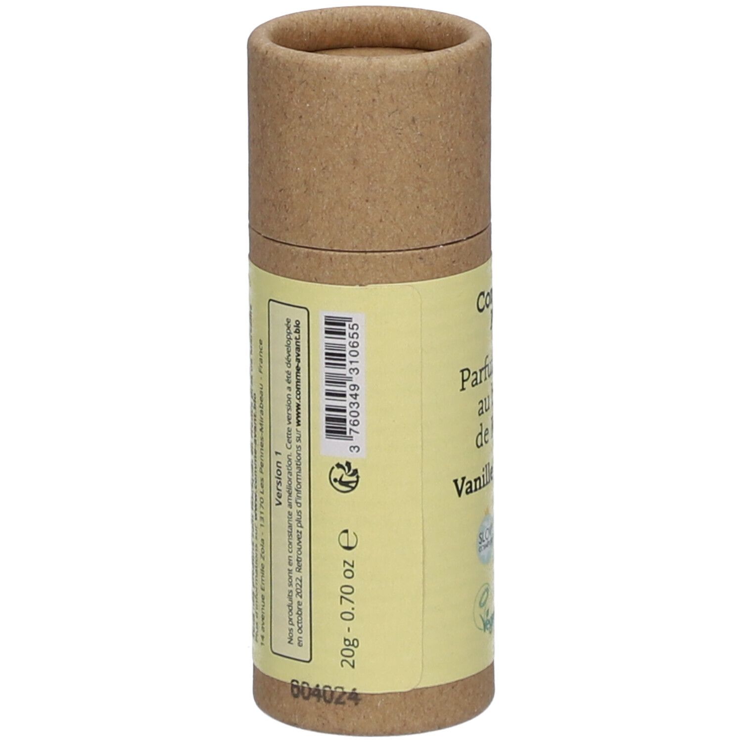 Zylindrische Verpackung. Rückseite mit Text und Informationen. Gewicht: 20g - 0.70 oz. Bio-Zertifizierung.