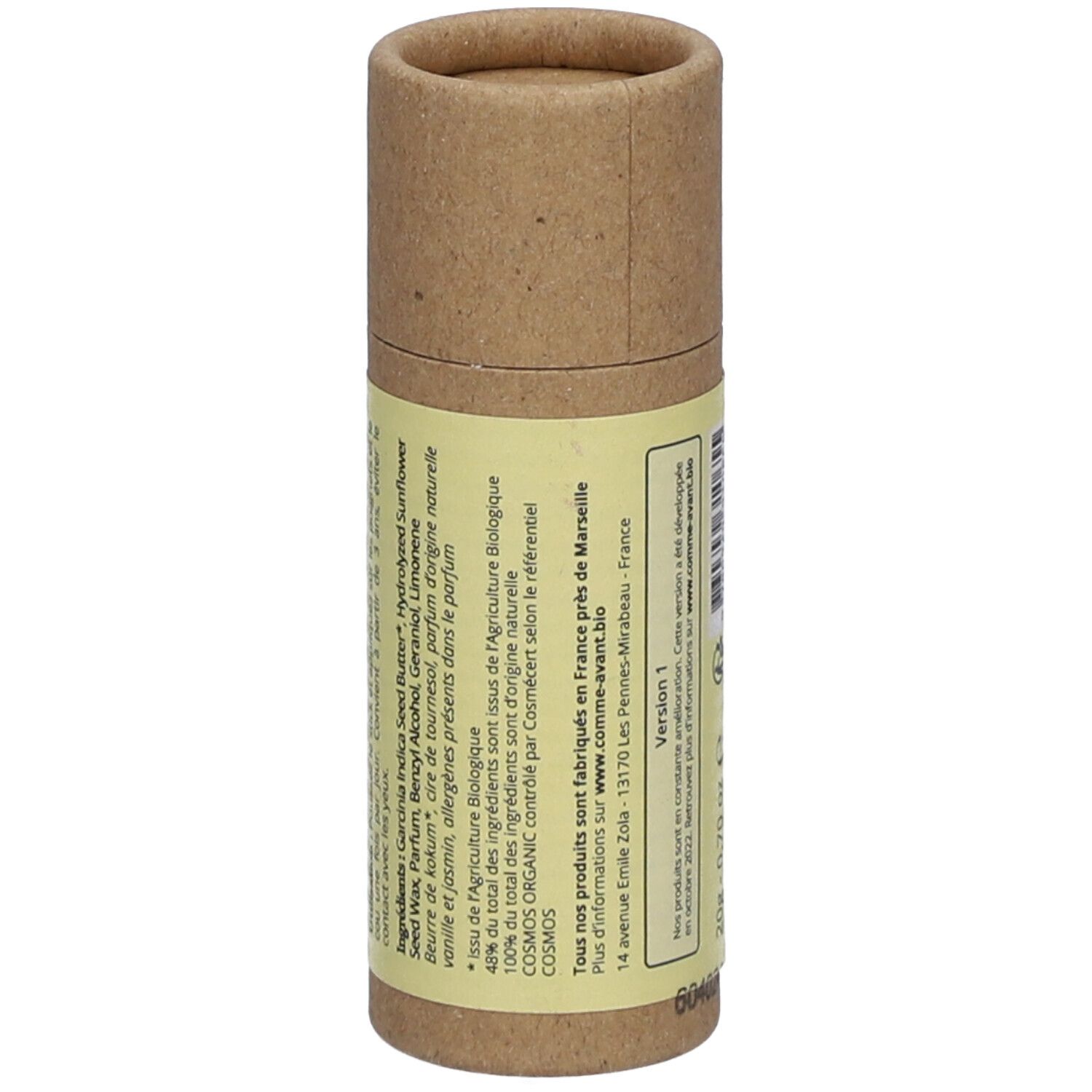 Zylindrische Verpackung. Rückseite mit Text. Informationen zu Inhaltsstoffen und Hersteller. Bio-Zertifizierung.