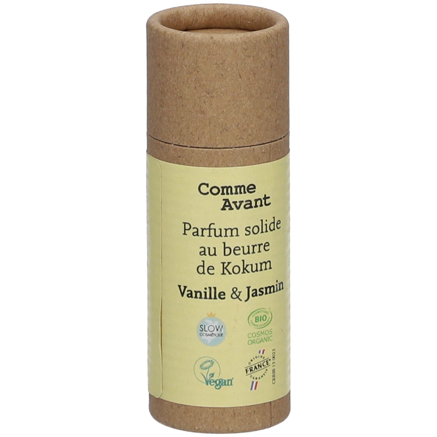 Zylindrische Verpackung mit Produktetikett. Text: Comme Avant, Parfum solide, Vanille & Jasmin. Bio-Zertifizierung.