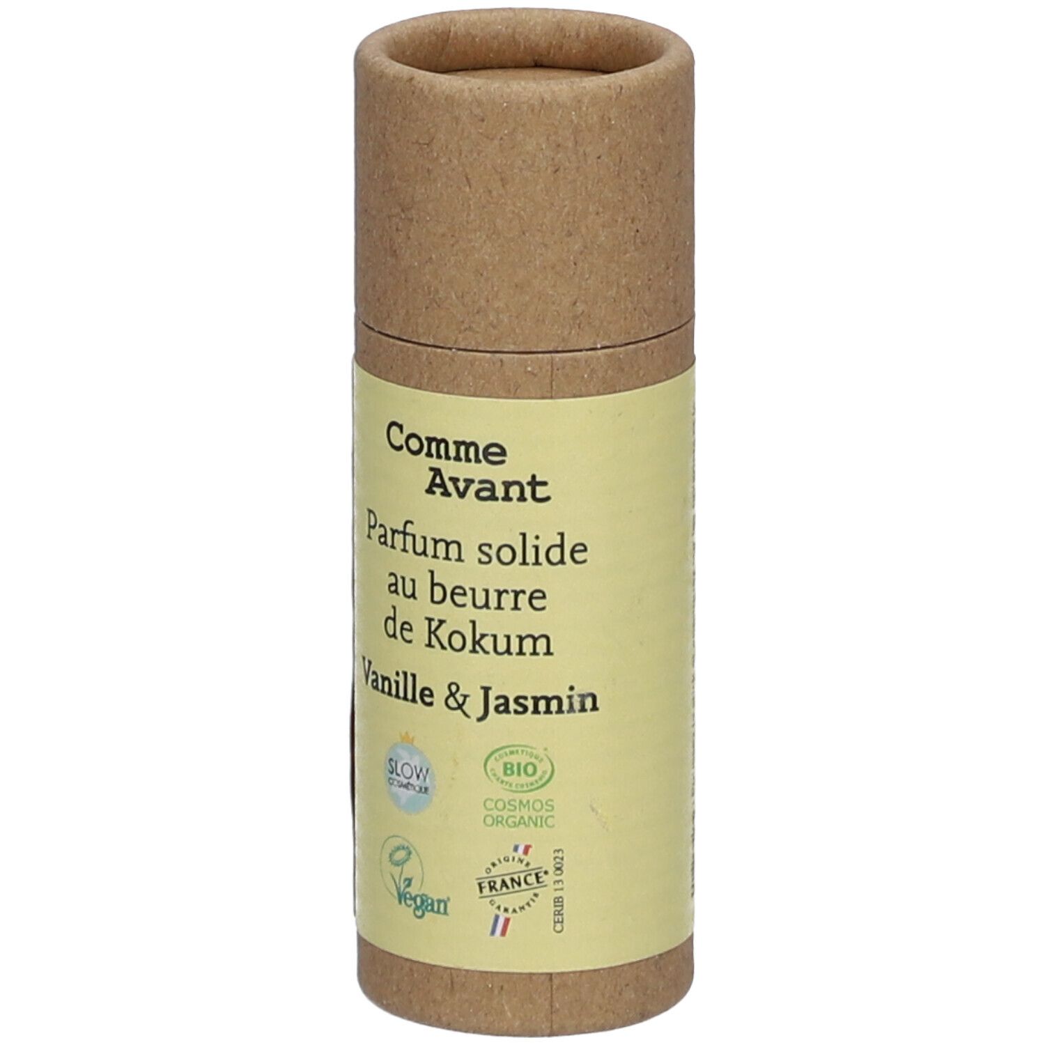 Zylindrische Verpackung mit Produktetikett. Text: Comme Avant, Parfum solide, Vanille & Jasmin. Bio-Zertifizierung.