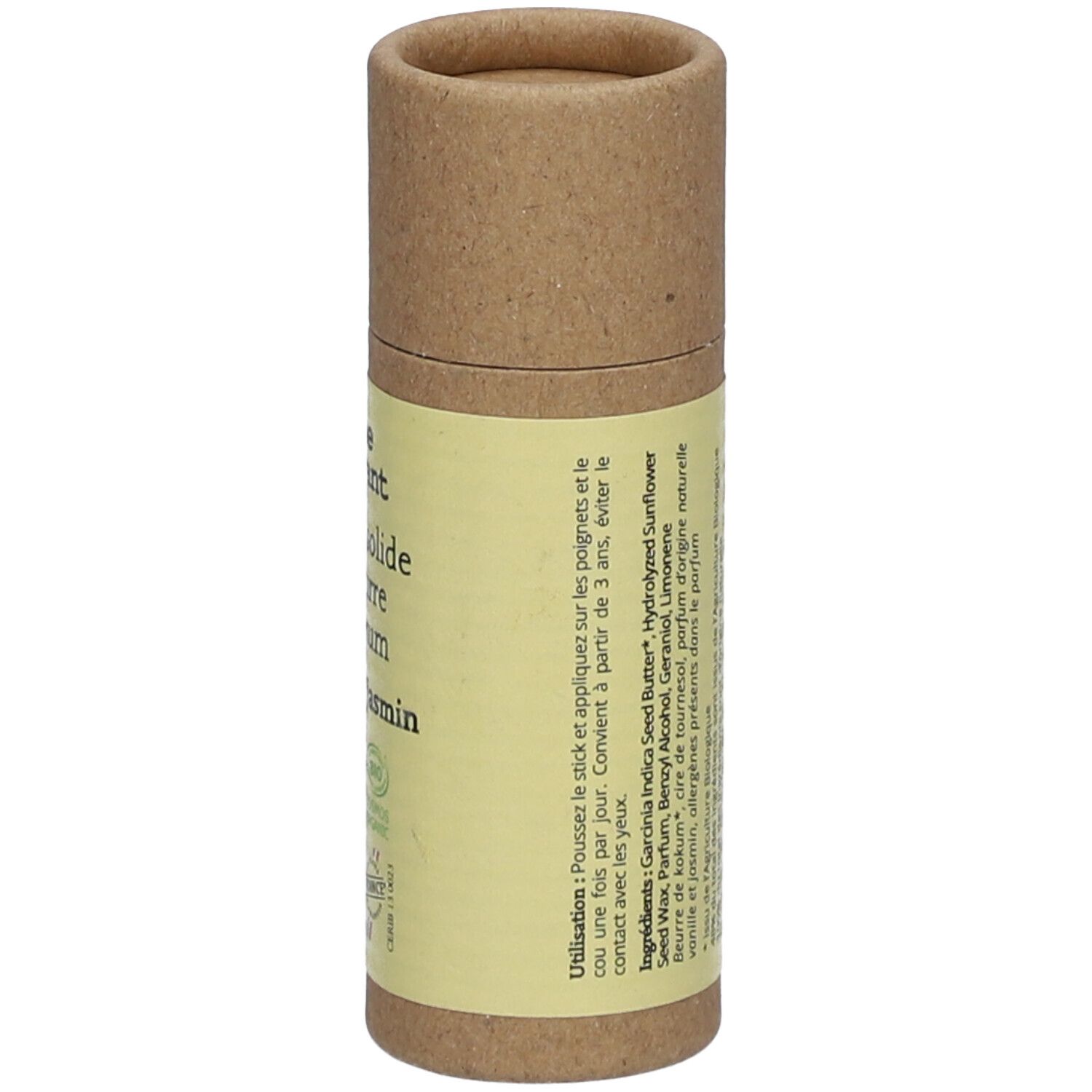 Zylindrische Verpackung. Rückseite mit Text. Informationen zur Anwendung und Inhaltsstoffen. Bio-Zertifizierung.