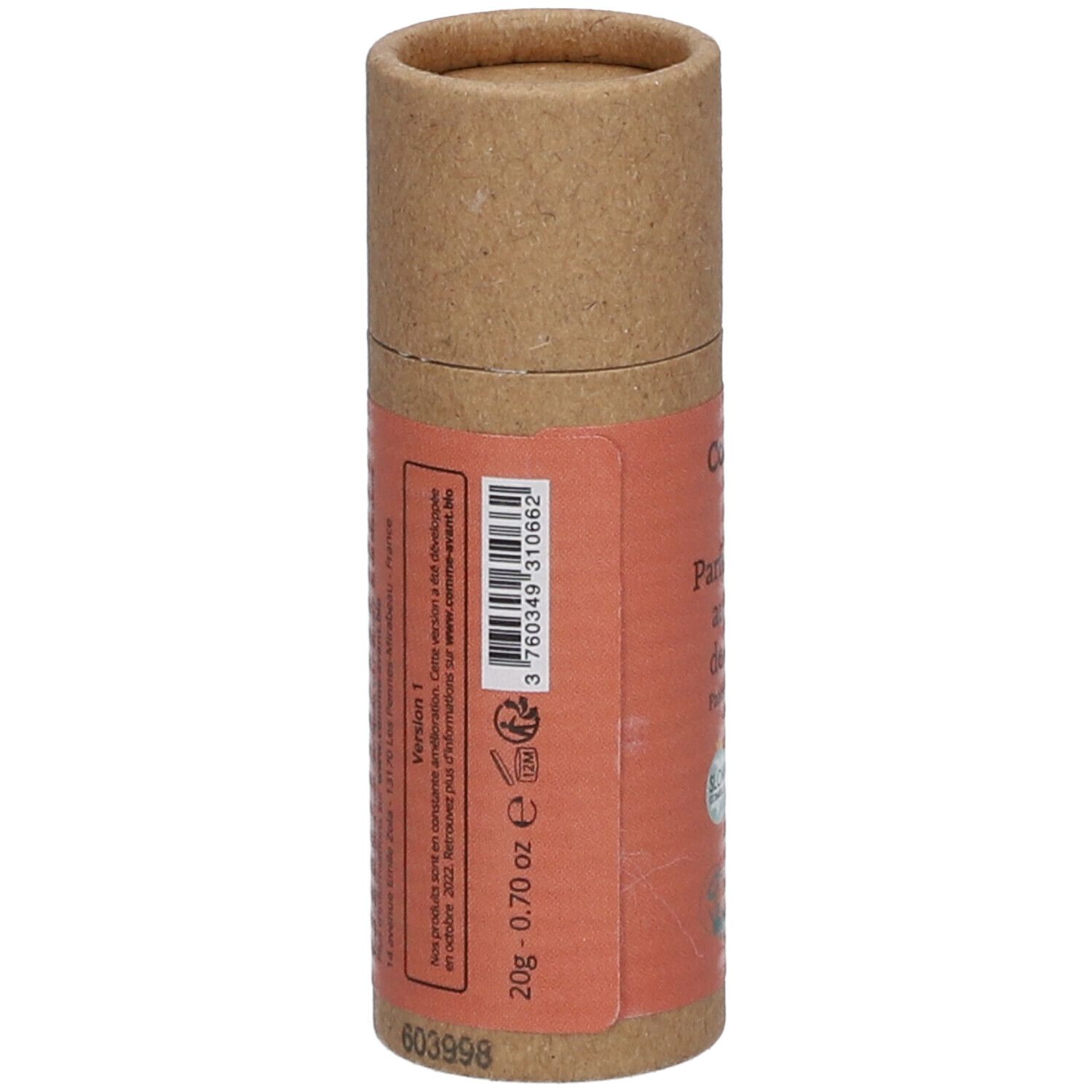 Emballage cylindrique avec étiquette. Inscription: 20g - 0.70 oz. Code-barres. Labels: Cosmos Natural, Vegan. Fabriqué en France.