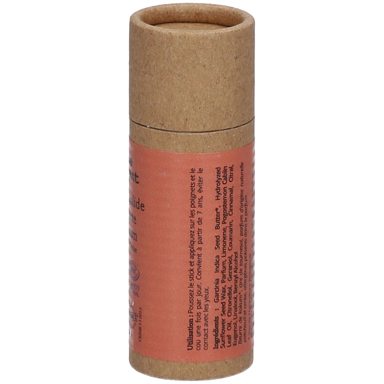 Emballage cylindrique avec étiquette. Texte: Conseils d'utilisation et ingrédients. Labels: Cosmos Natural, Vegan. Fabriqué en France.
