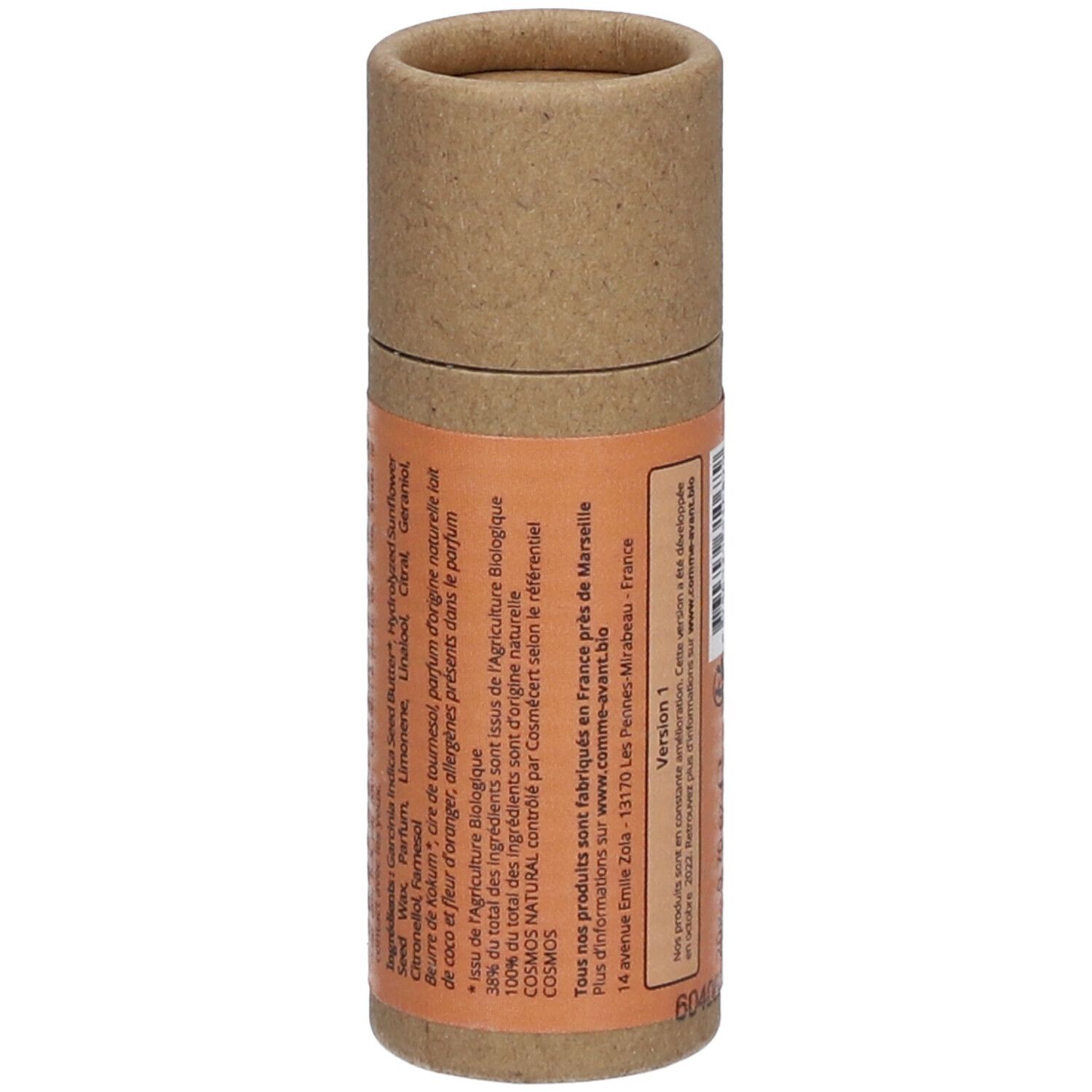 Zylindrische Verpackung, Detail. Text: Inhaltsstoffe, Herkunft, Zertifizierungen. Hergestellt in Frankreich. Adressen und Kontaktinformationen.