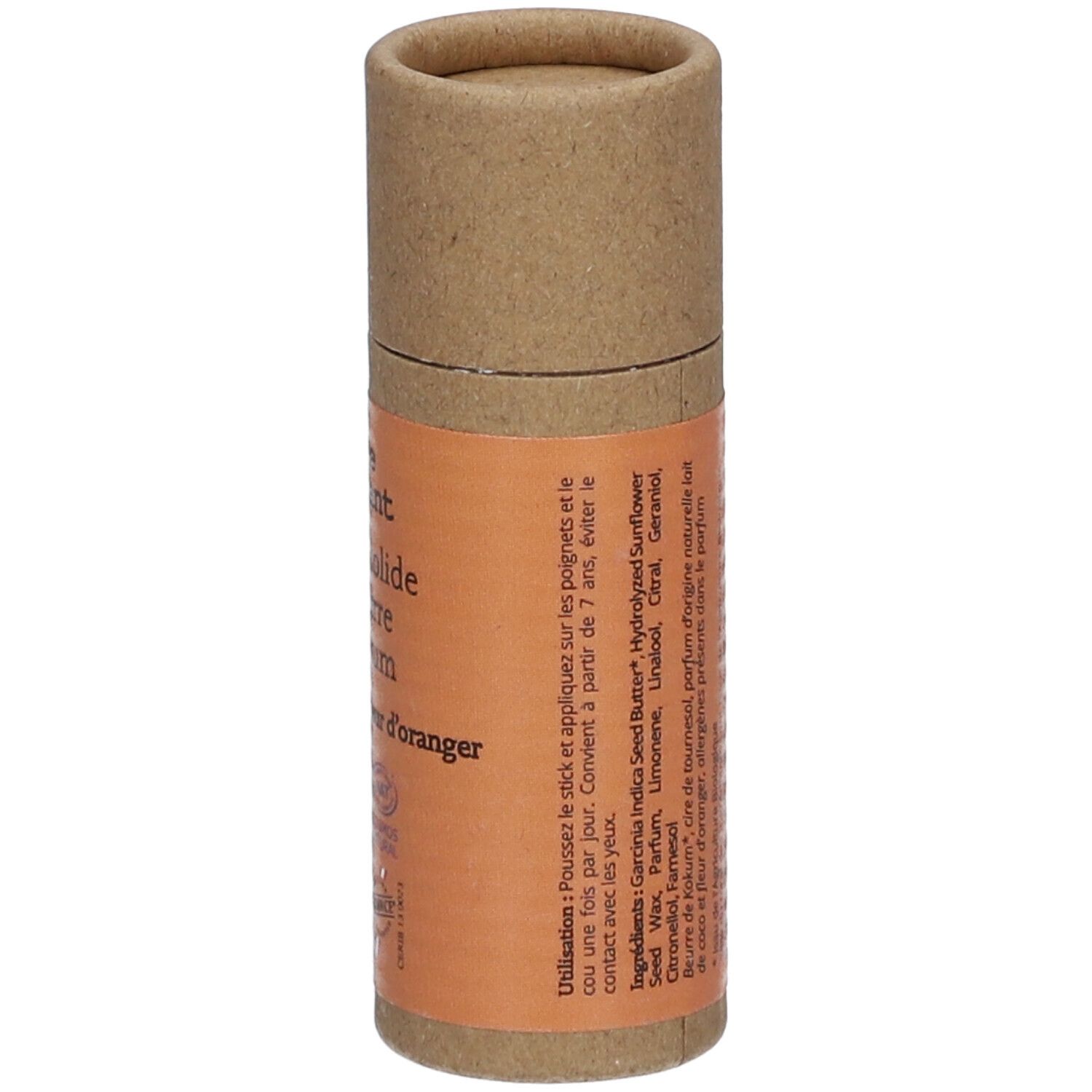 Zylindrische Verpackung, Detail. Text: Anwendungshinweise, Inhaltsstoffe. Logos. Hergestellt in Frankreich. Warnhinweis.