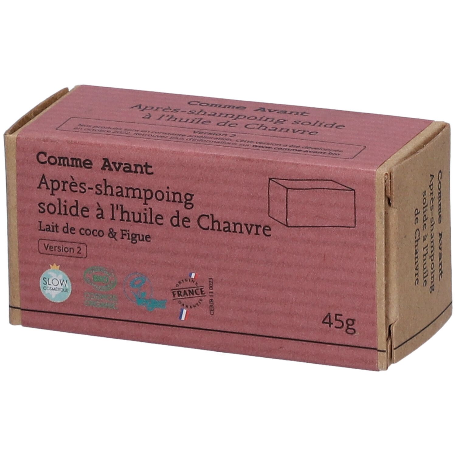 Boîte en carton avec nom et description du produit. Inscription : Après-shampooing solide à l'huile de Chanvre.