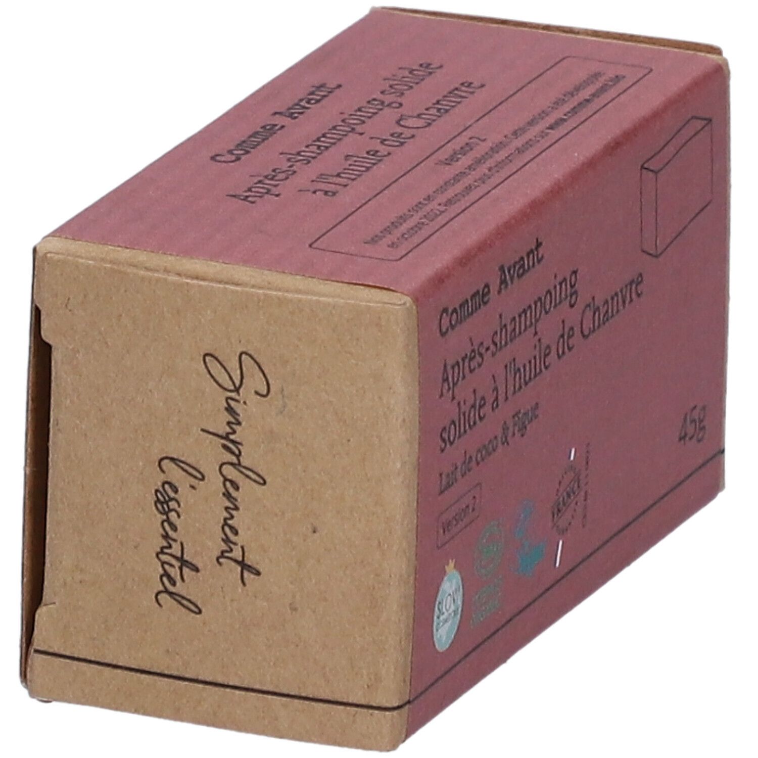 Boîte en carton, vue en biais. Inscription : Comme Avant, Après-shampooing solide à l'huile de Chanvre. Sur le côté : Simplement essentiel.