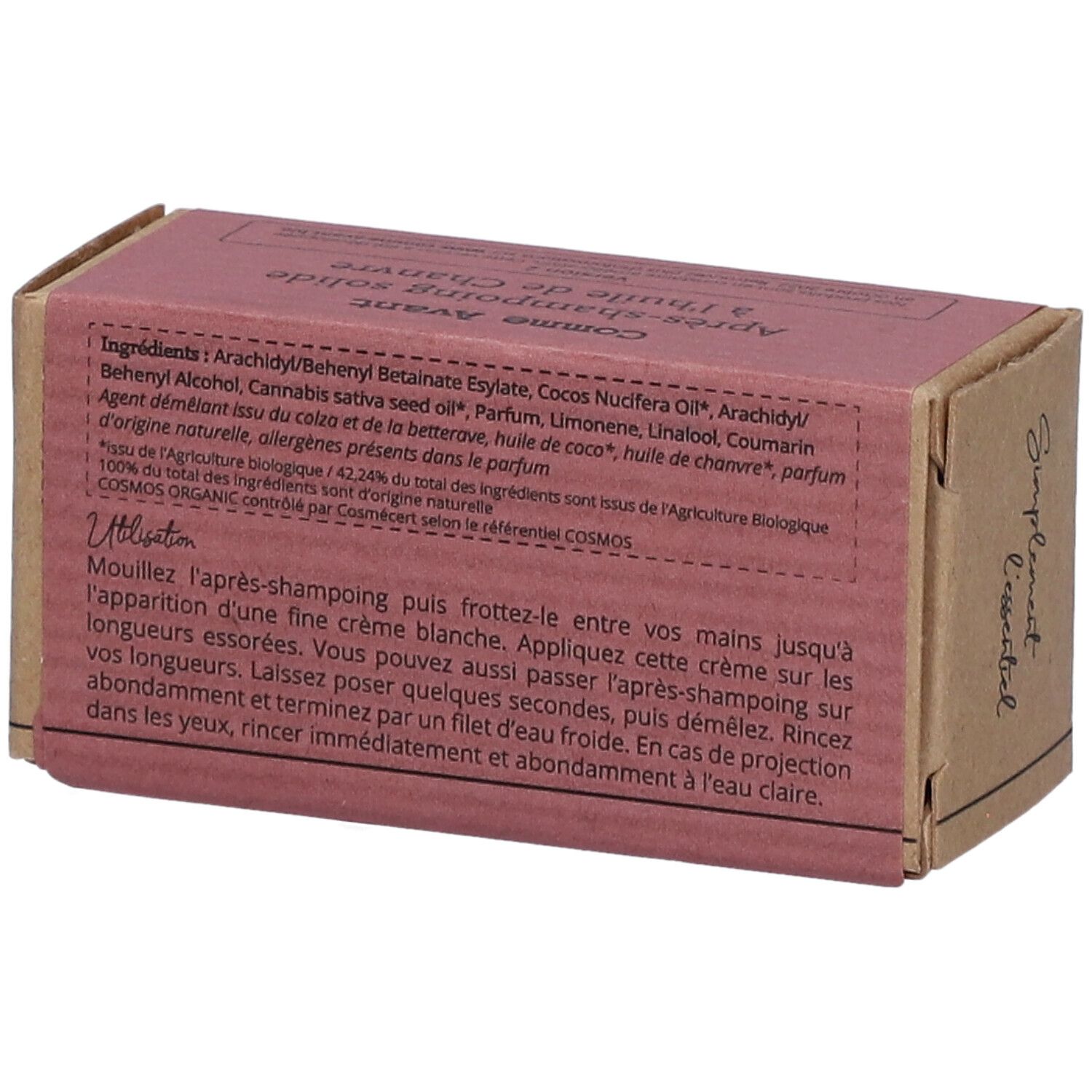Dos de la boîte en carton. Texte avec ingrédients et instructions d'utilisation. Inscription : Après-shampooing solide à l'huile de Chanvre.