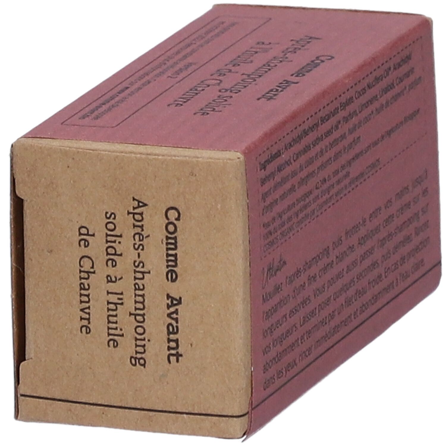 Boîte en carton, vue en biais. Inscription : Comme Avant, Après-shampooing solide à l'huile de Chanvre. Avec ingrédients.