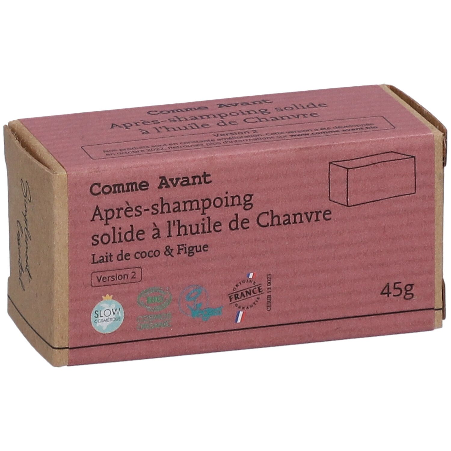 Boîte en carton avec nom et description du produit. Inscription : Après-shampooing solide à l'huile de Chanvre, Lait de coco & Figue, 45g.