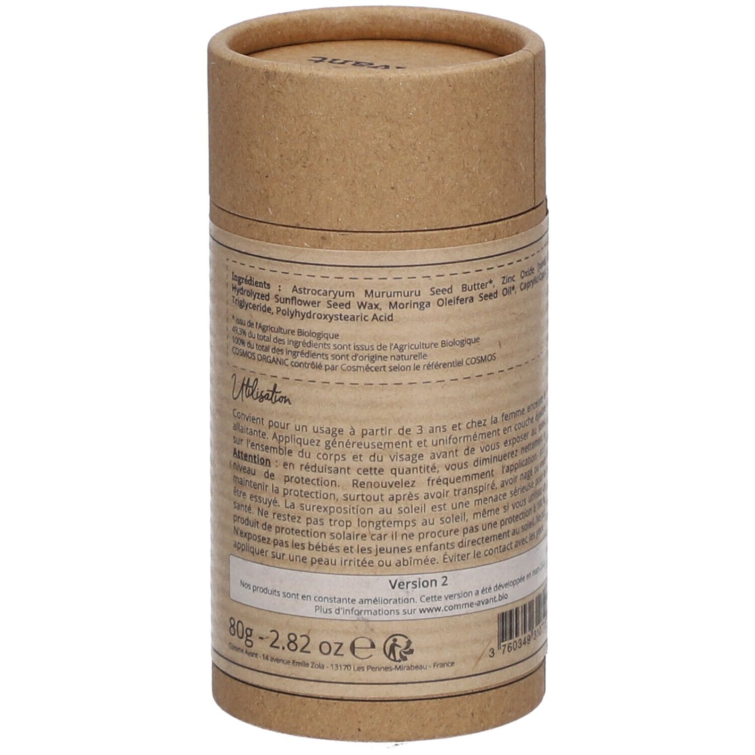 Zylindrische Verpackung, Rückseite. Zutatenliste, Gebrauchsanweisung. Version 2. Gewicht: 80g - 2.82 oz. Mit COSMOS ORGANIC-Siegel.