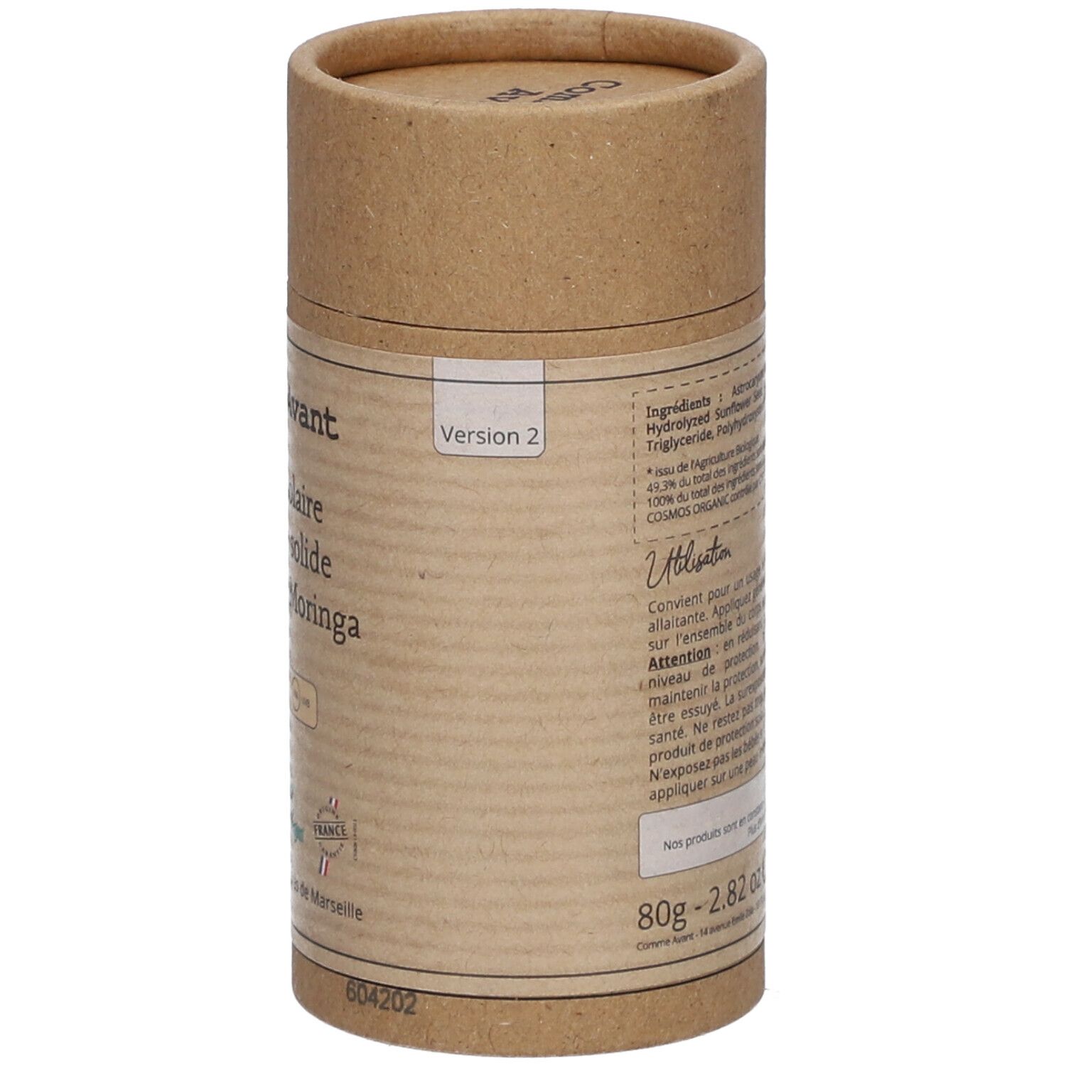 Zylindrische Verpackung, Rückseite. Zutatenliste, Gebrauchsanweisung. Version 2. Gewicht: 80g - 2.82 oz. Mit COSMOS ORGANIC-Siegel.