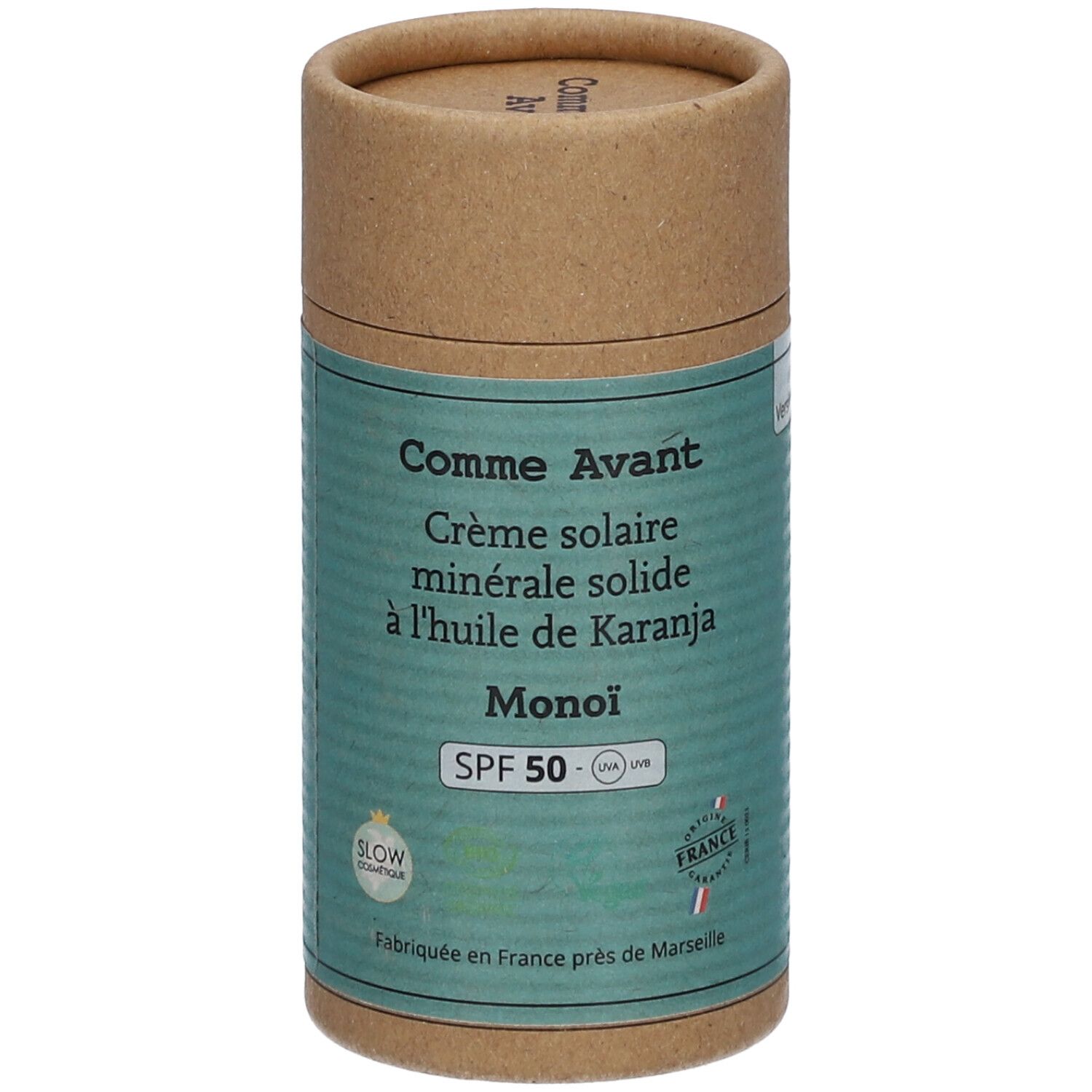 Emballage cylindrique de crème solaire. Inscription: Comme Avant, Crème solaire minérale solide, SPF 50, Monoi.