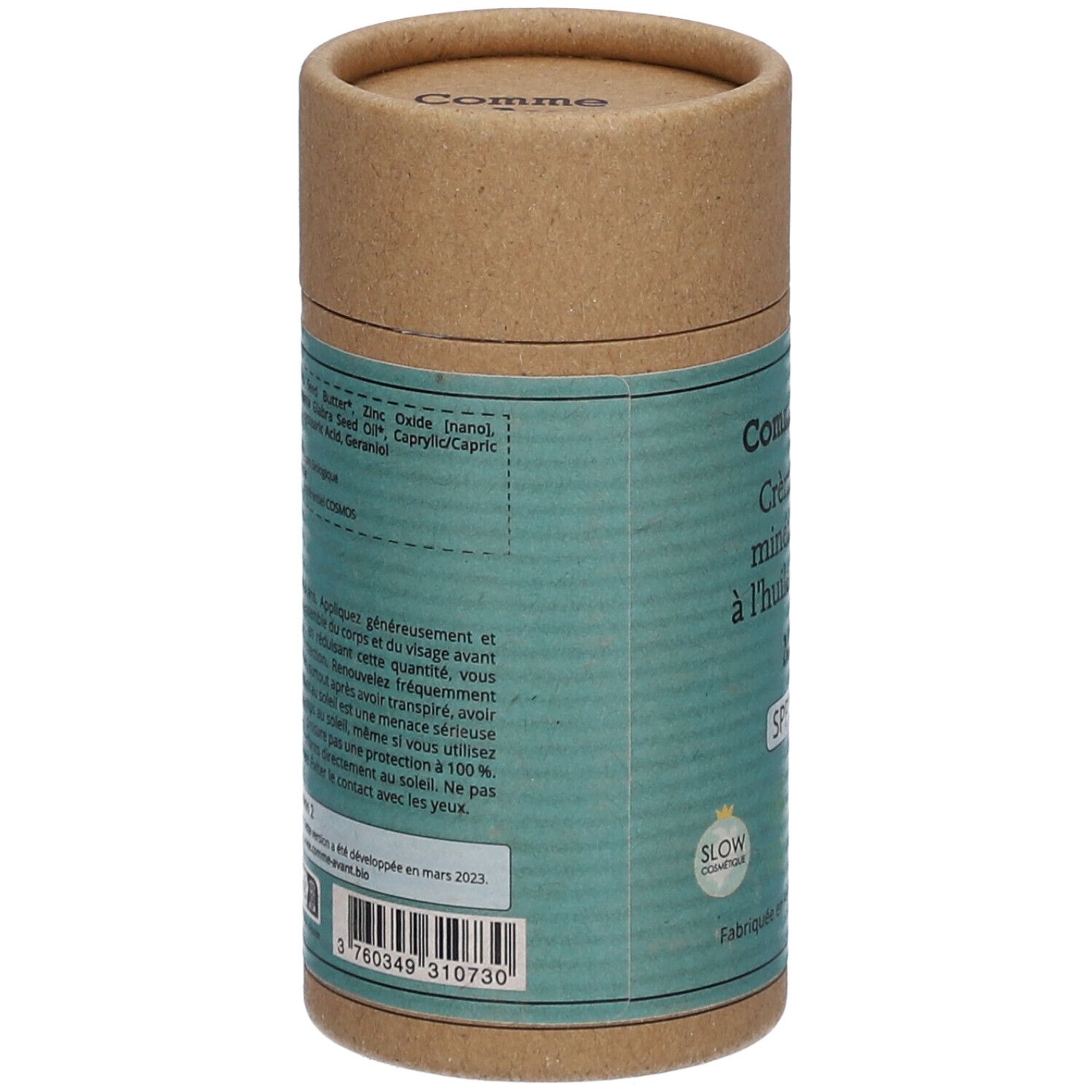 Emballage cylindrique de crème solaire. Dos avec ingrédients et avertissements. Marque Comme Avant.