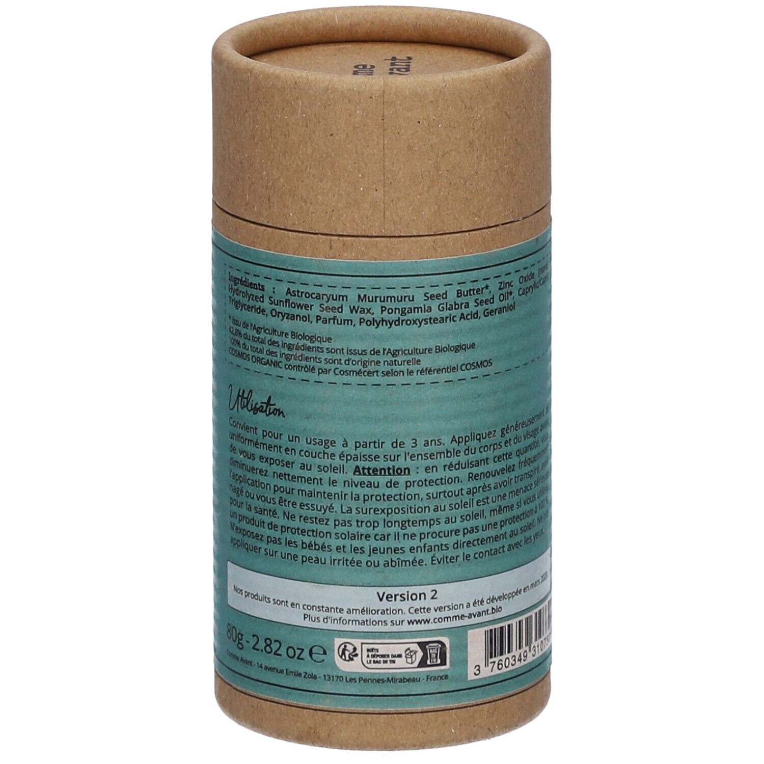 Emballage cylindrique de crème solaire. Dos avec ingrédients et avertissements. Marque Comme Avant.
