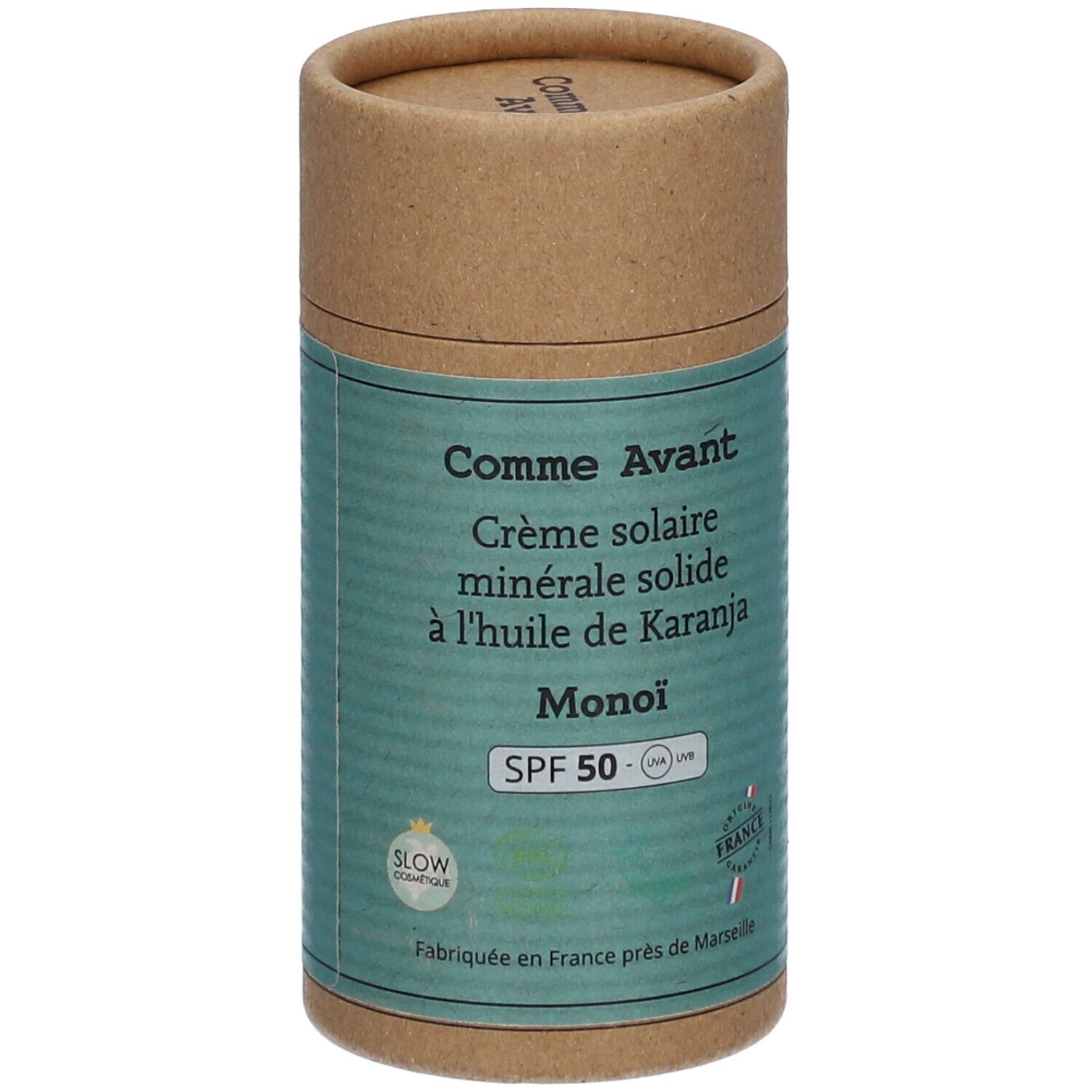 Emballage cylindrique de crème solaire. Inscription: Comme Avant, Crème solaire minérale solide, SPF 50, Monoi.