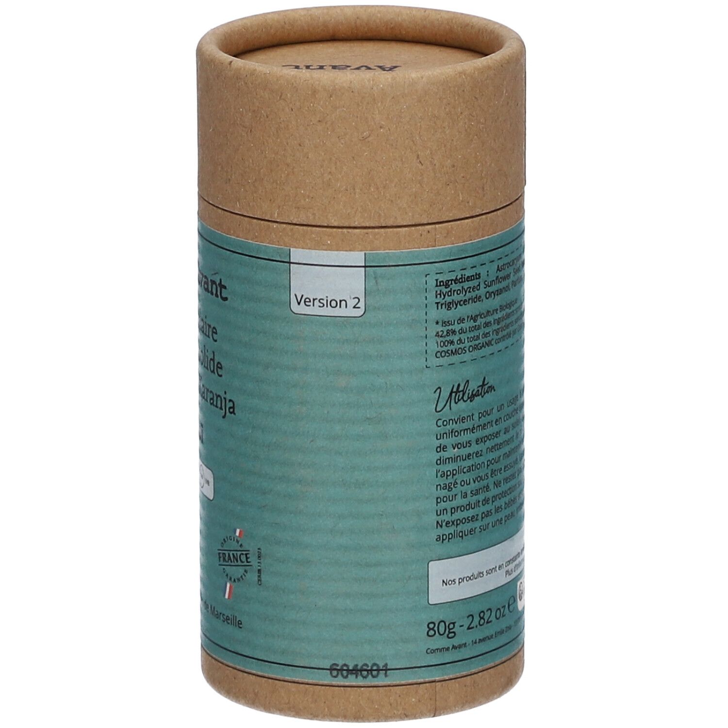 Emballage cylindrique de crème solaire. Dos avec ingrédients et avertissements. Marque Comme Avant.