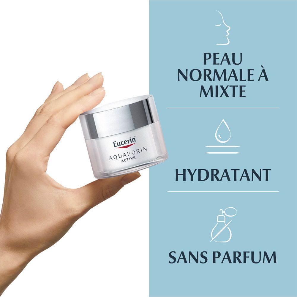 Hand hält Creme-Tiegel. Eucerin AQUAporin ACTIVE. Hydratisierend, ohne Parfüm. Für normale bis Mischhaut.