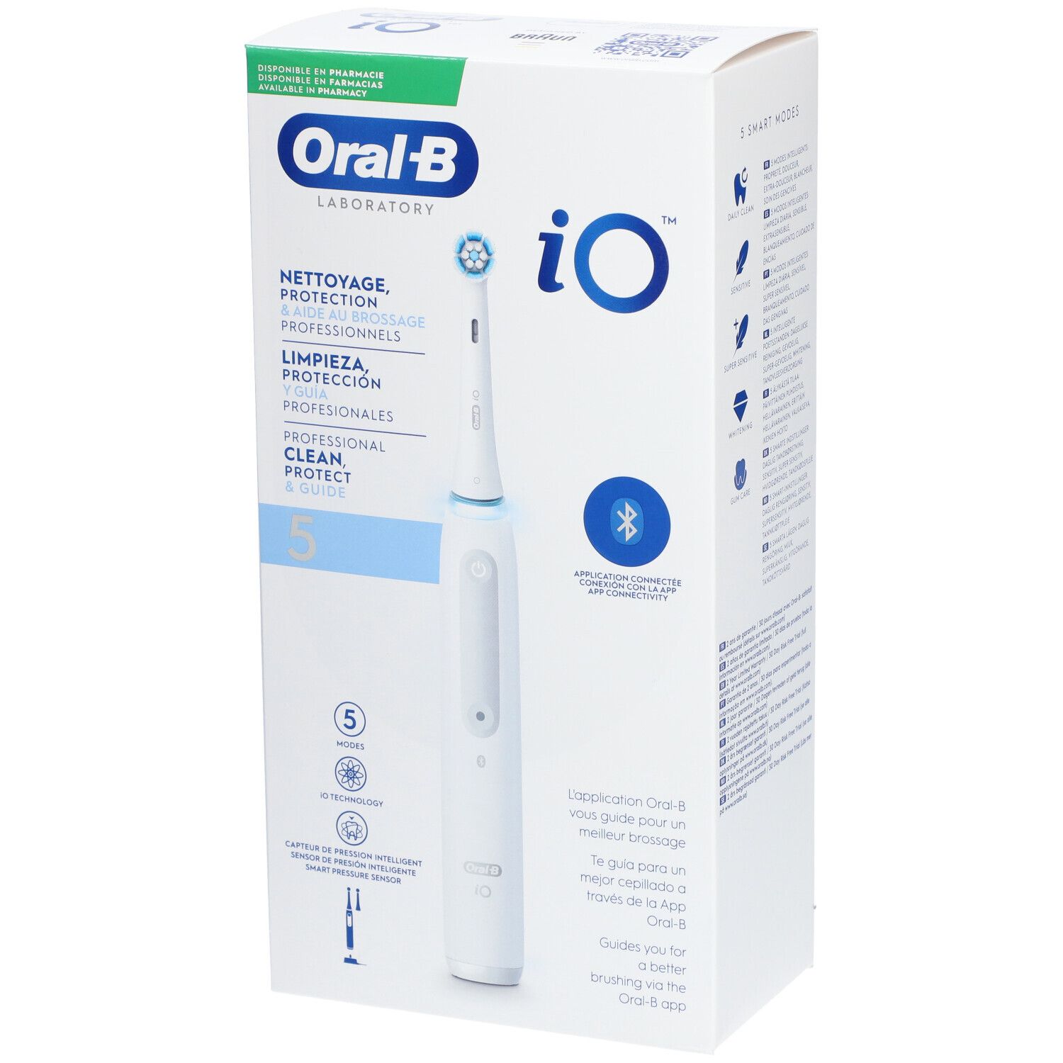 Elektrische tandenborstel Oral-B iO Series 5 in verpakking. Wit, blauwe borstelkop. Opschriften: iO, 5 standen, Bluetooth.