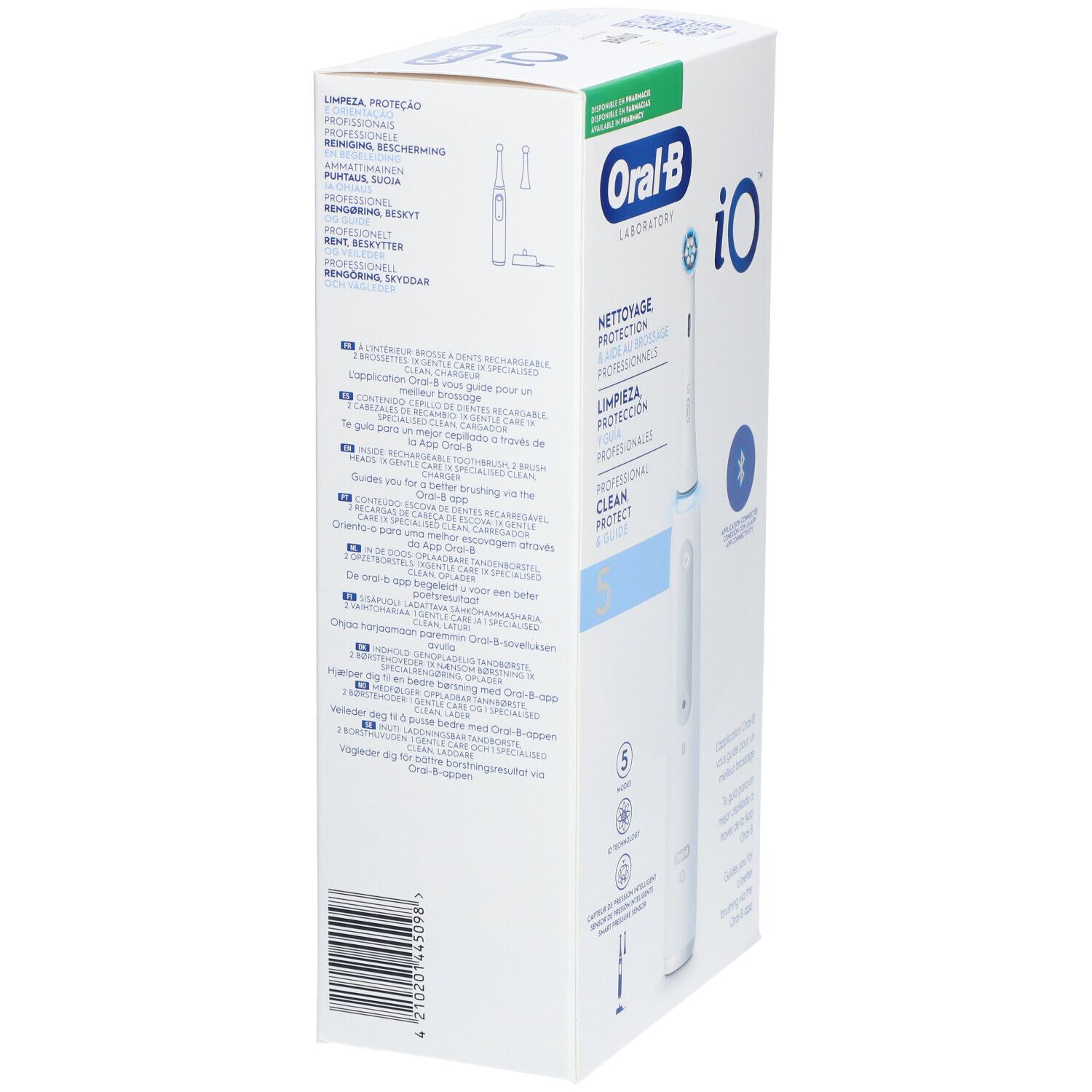 Verpakking van de elektrische tandenborstel Oral-B iO Series 5. Zijaanzicht met productafbeelding en meertalige tekst.