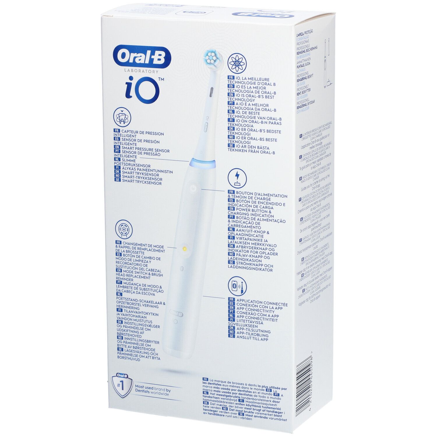 Achterkant van de verpakking van de elektrische tandenborstel Oral-B iO Series 5. Productafbeelding, tekst en pictogrammen.