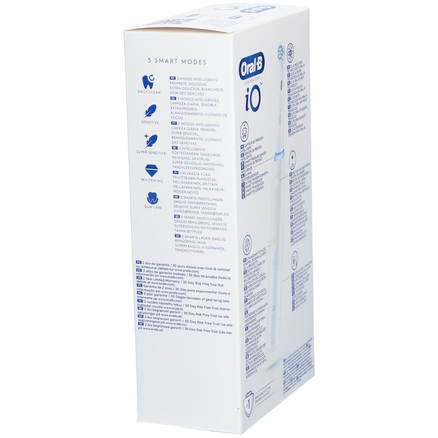Verpakking van de elektrische tandenborstel Oral-B iO Series 5. Zicht met 5 modus symbolen en tekst in verschillende talen.