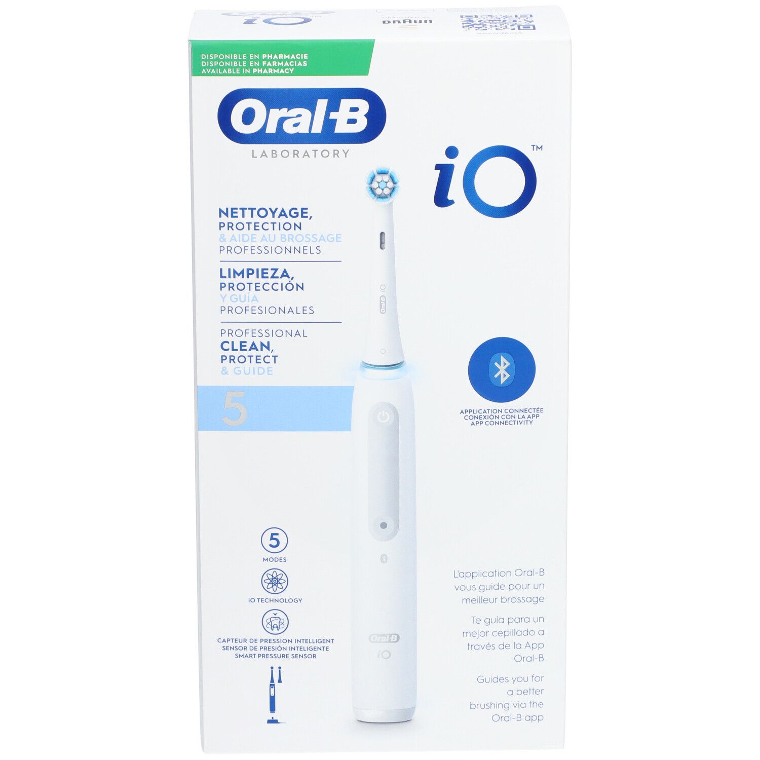 Elektrische tandenborstel Oral-B iO Series 5 in verpakking. Vooraanzicht met product en logo's. Tekst: iO, 5 standen, Bluetooth.