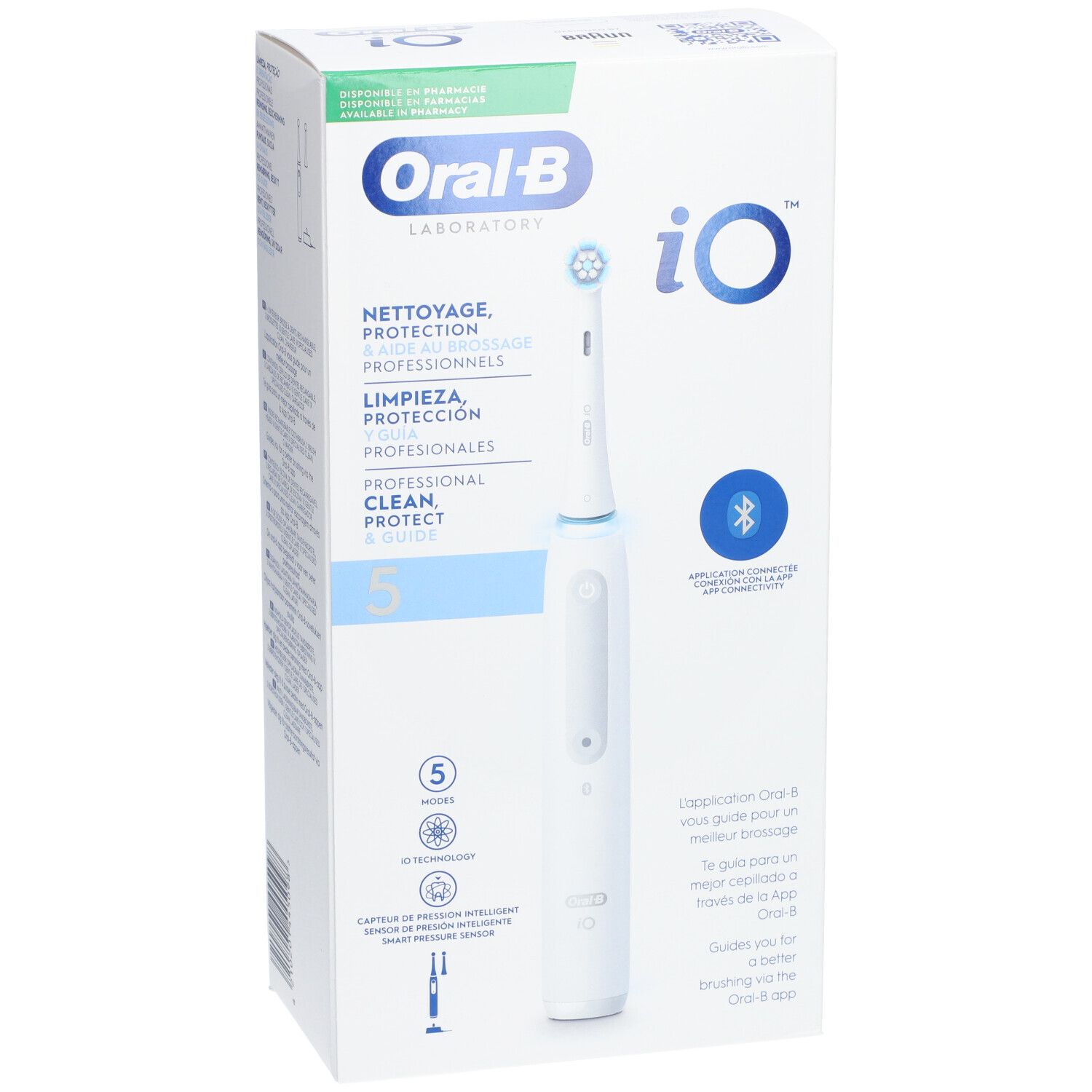 Elektrische tandenborstel Oral-B iO Series 5 in verpakking. Vooraanzicht met product en logo's. Tekst: iO, 5 standen, Bluetooth.