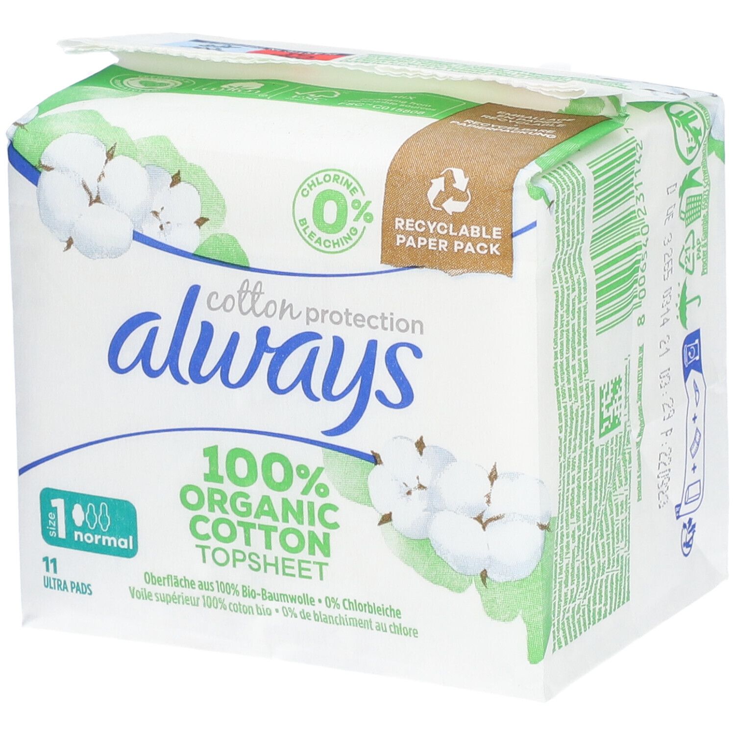 Always Cotton Protection. Paquet de 11 serviettes Ultra. 100% coton bio. Visible : logo, illustrations de coton, emballage en papier.