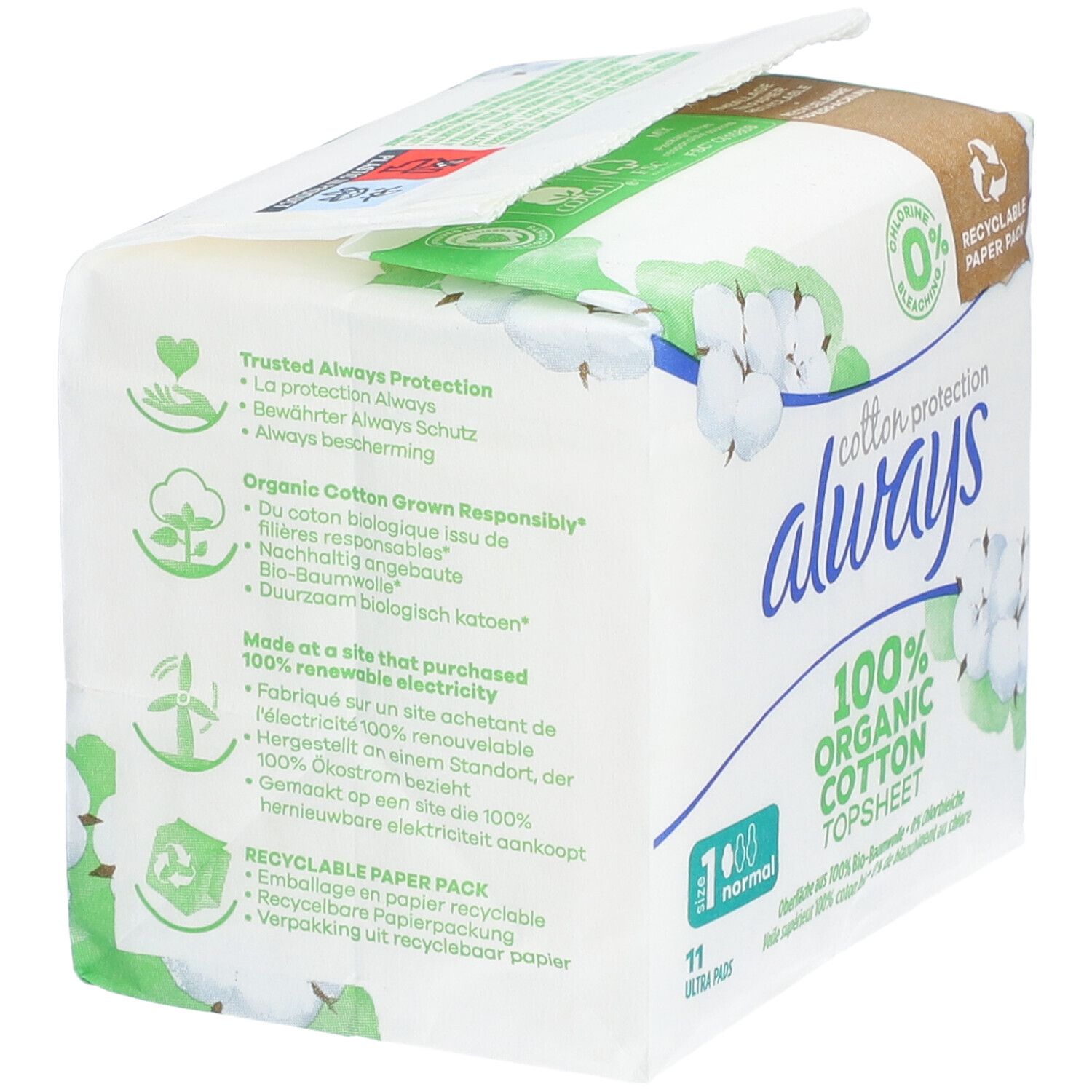 Always Cotton Protection. Emballage avec logo, illustrations de coton et texte. 100% coton bio. Emballage en papier. Textes visibles.